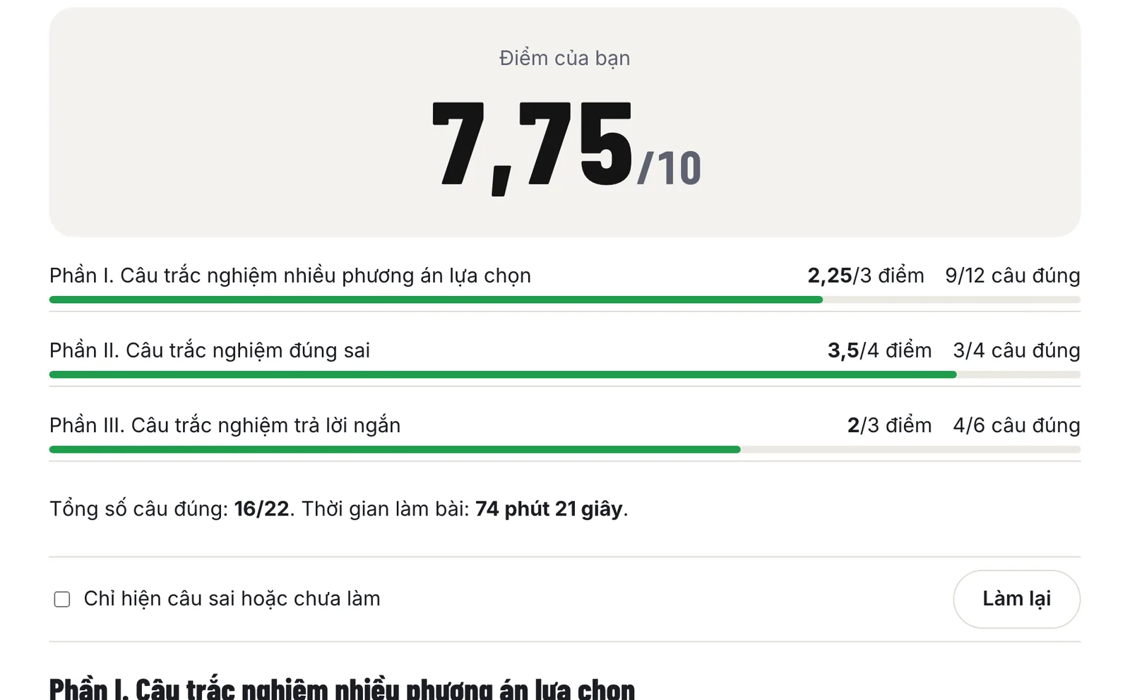 Màn kết quả thi thử: điểm theo thang 10 và điểm từng phần